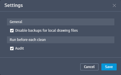 Einstellungen im AutoCAD Drawing Cleanup Utility mit den Optionen für Audit und Sicherungskopie