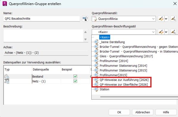 Dialog Querprofillinien-Gruppe erstellen in Civil 3D mit den Beschriftungsstilen QP-Hinweise zur Ausführung und QP-Hinweise zur Oberfläche
