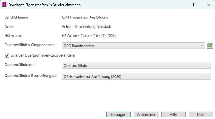 Dialog Erweiterte Eigenschaften in Bänder eintragen mit Auswahl der Querprofillinien-Gruppe und der Stile