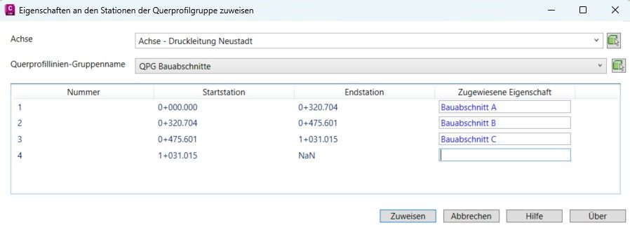 Dialog Eigenschaften an den Stationen der Querprofilgruppe zuweisen mit Stationsbereichen und zugewiesenen Eigenschaften