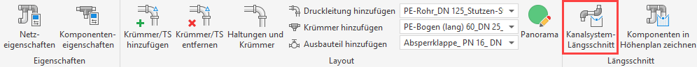 Objektabhängige Registerkarte der Druckleitung in Civil 3D mit dem Befehl Kanalsystem-Längsschnitt in der Gruppe Längsschnitt