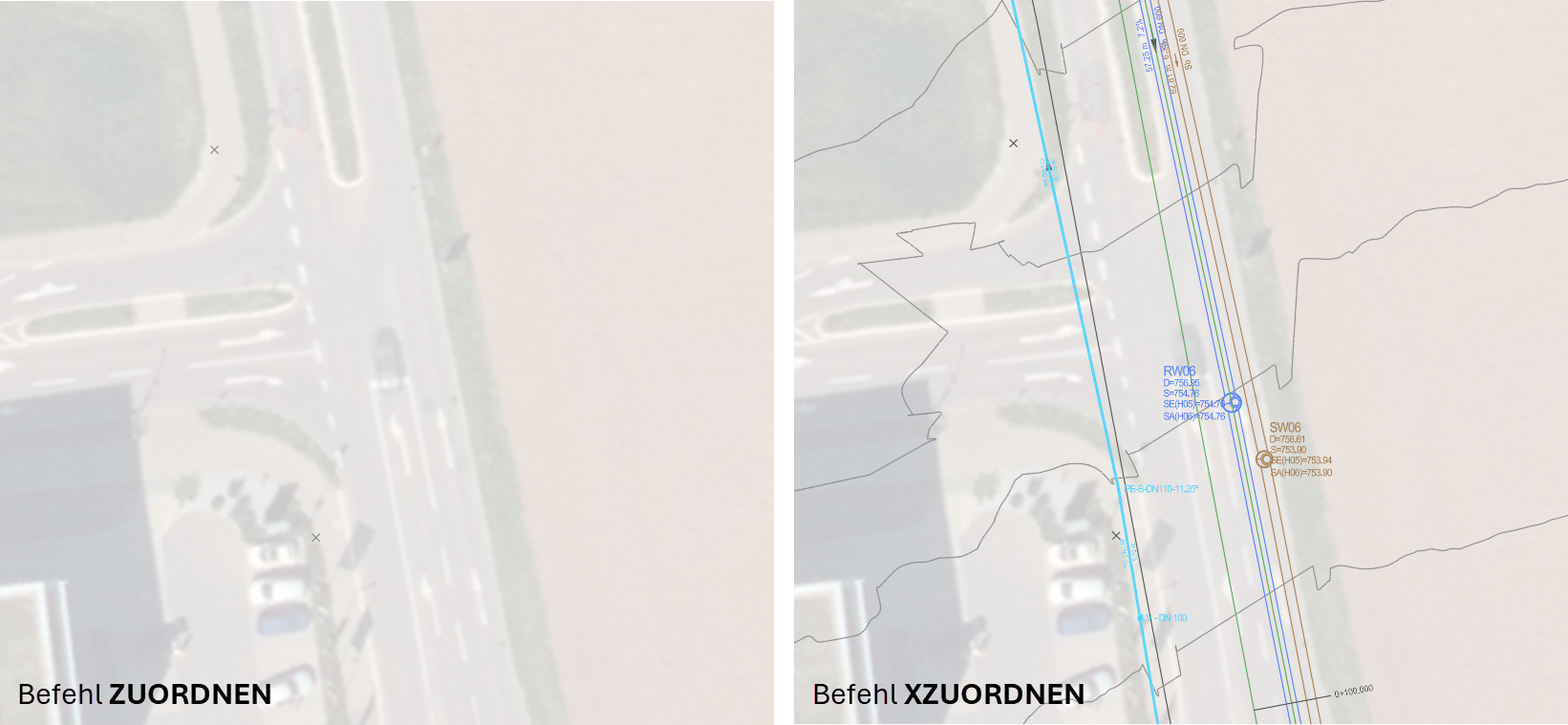Vergleich der Befehle ZUORDNEN und XZUORDNEN: Nur mit XZUORDNEN werden die Civil 3D-Objekte in der Zeichnung angezeigt
