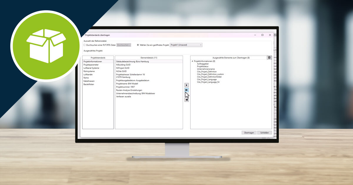 auxalia Revit ProjectBox: Maximieren Sie Ihre Effizienz mit der neuen Funktion „Projektstandards Übertragen“