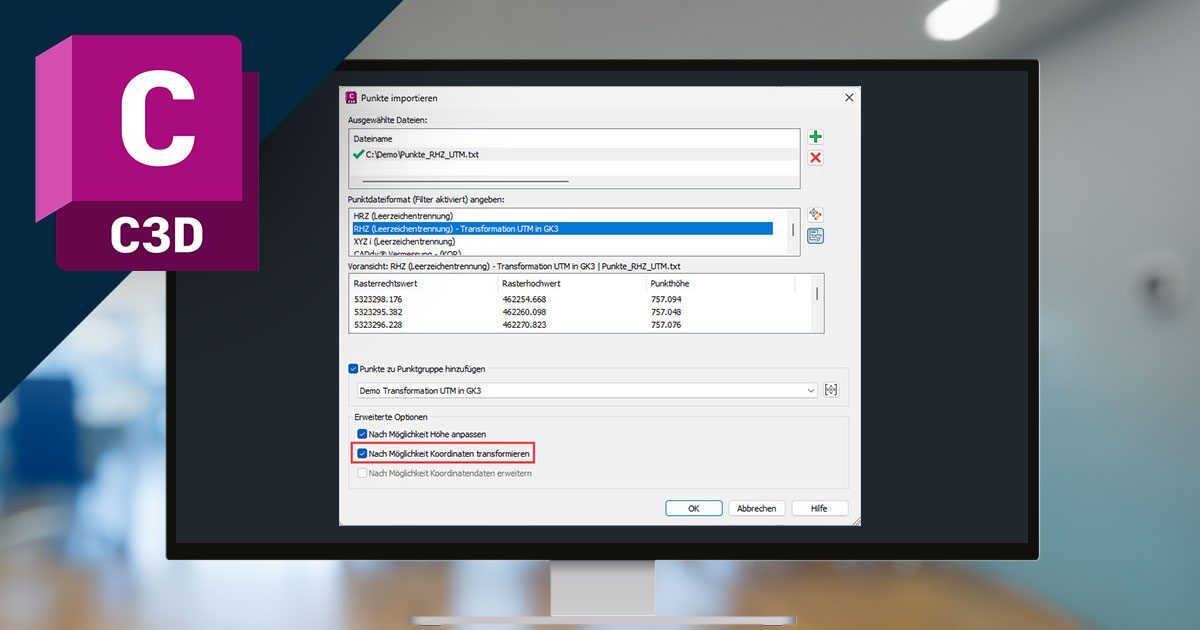 Koordinatentransformation beim Import von Punkten in Civil 3D